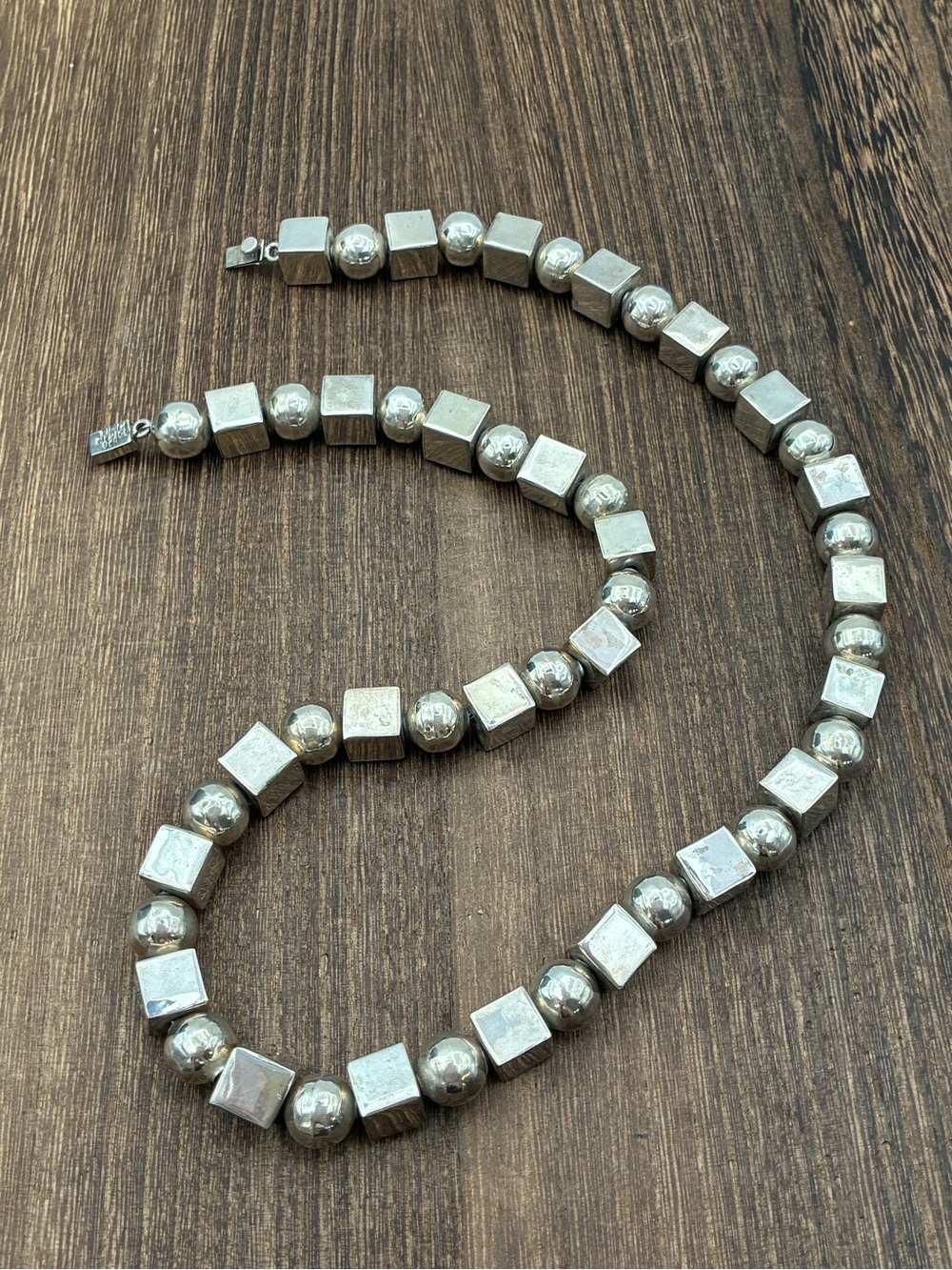 Heavy Modernist Taxco Sterling Silver Geometric Vintage Statement Necklace 24โ